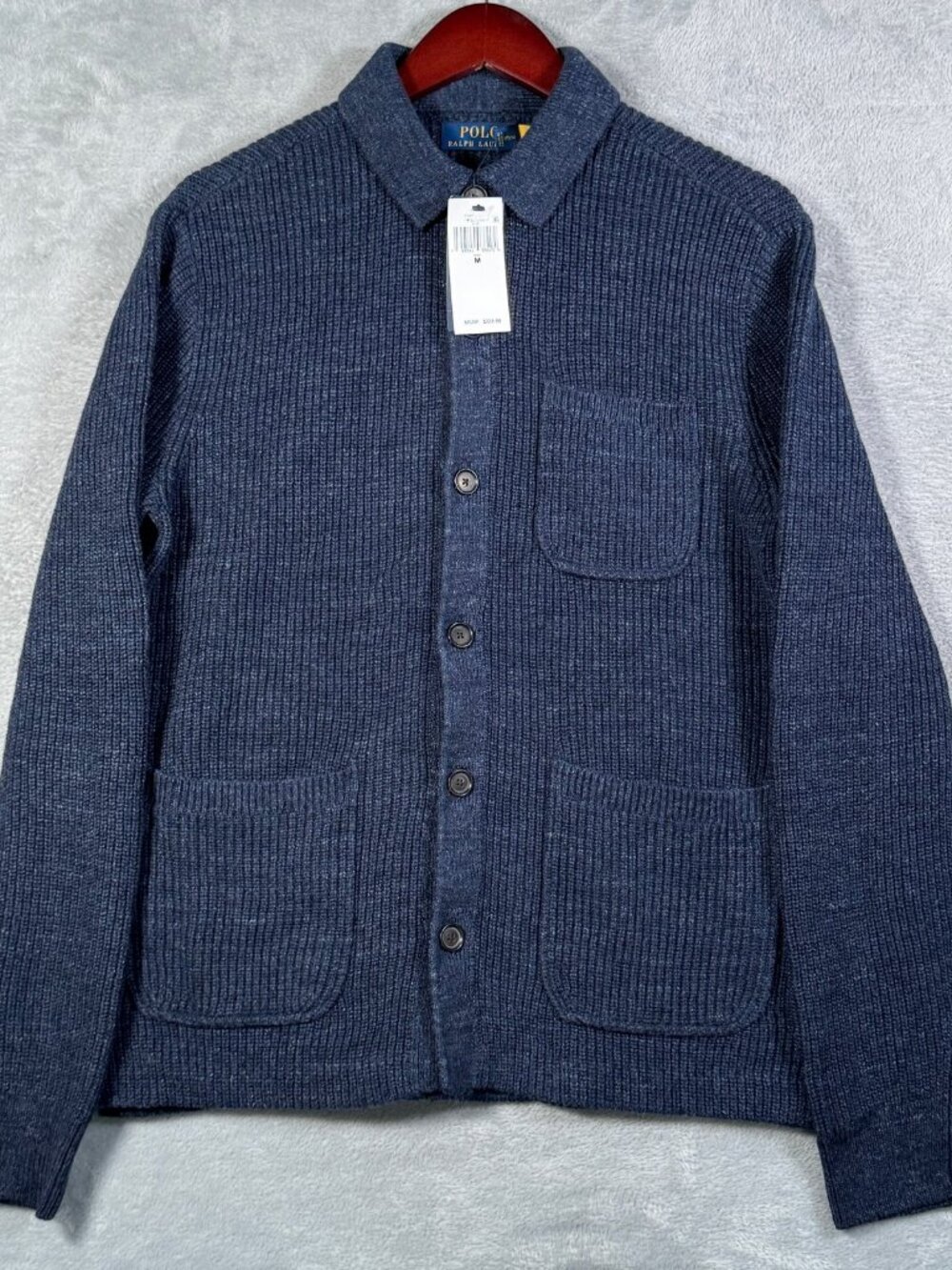 Polo Ralph Lauren Sweater Cardigan Mens M Blue Knit Button Chore Jacket $228